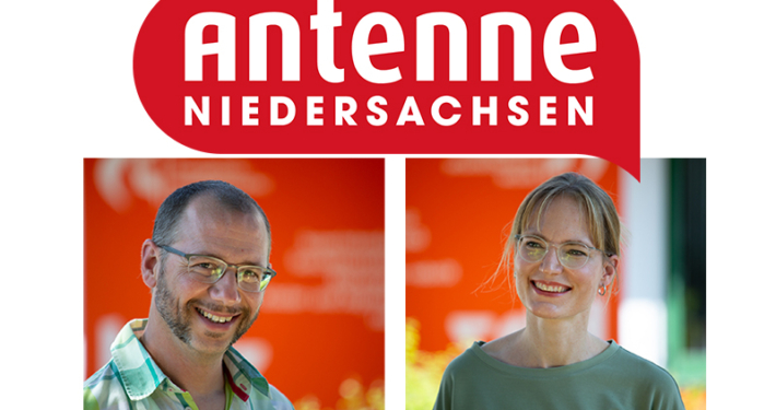 Portraitbilder von Gerrit Mathis und Kerstin Mühlmann unterdem Logo von Antenne Niedersachsen