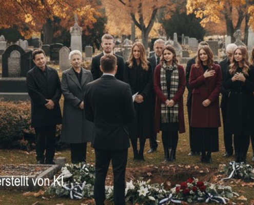 Trauerredner auf dem herbstlichen Friedhof vor Trauergesellschaft.
