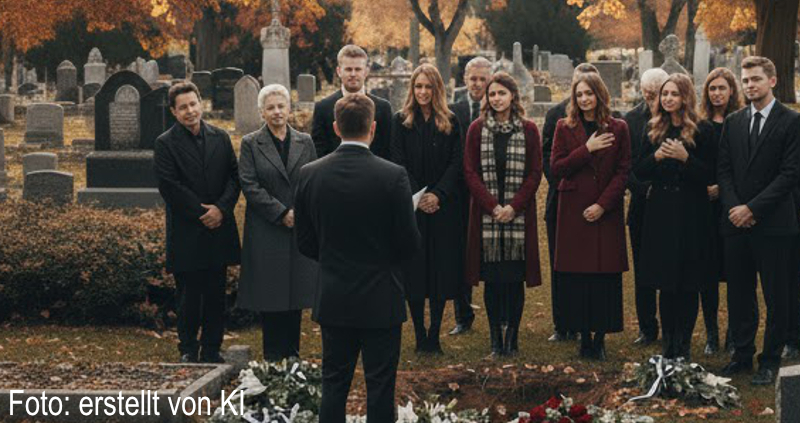 Trauerredner auf dem herbstlichen Friedhof vor Trauergesellschaft.