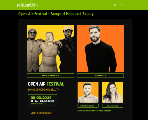 links steht das Logo der Gemeinde Mittendrin mit weißer Schrift auf grünem Grund, weiter sind Fotos der Bands und der Speaker zu sehen.